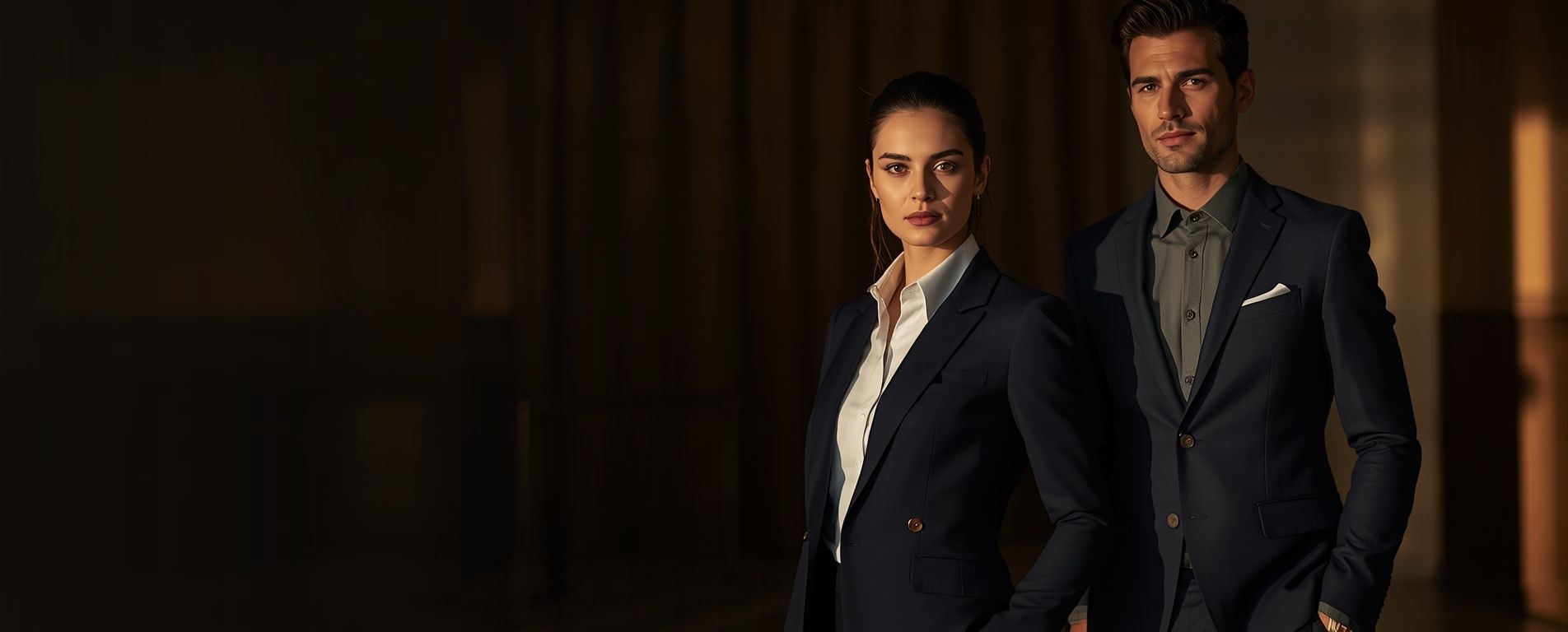 Casal executivo em alfaiataria social sob medida, em ambiente corporativo de alto padrão sob luz cinematográfica