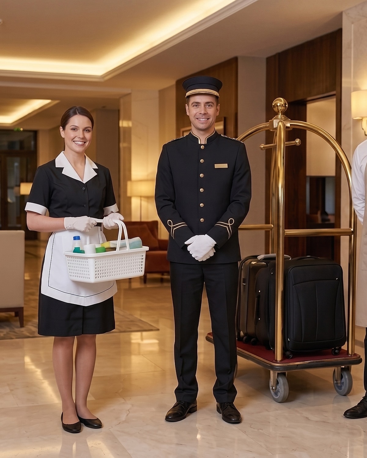 Camareira com avental e mensageiro de hotel uniformizado ao lado do carrinho de bagagem, Linha Serviços da Clássica Uniformes